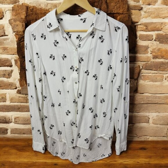 Adorable French Bulldog Print Blouse - Button Front - Size S - Picture 1 of 10